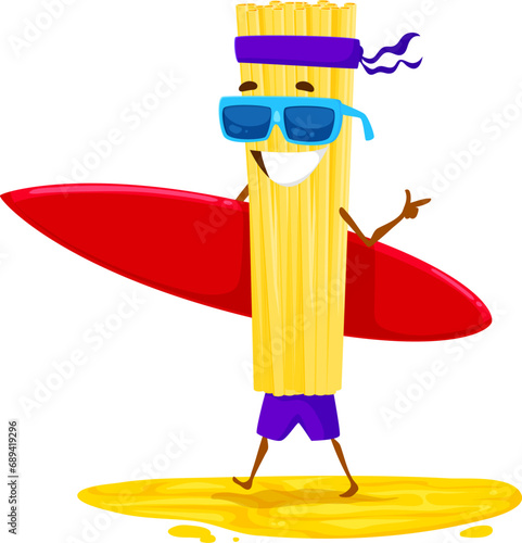 Cartoon surfer pasta character with surfboard on summer beach vacation. Italian bucatini macaroni vector personage with surfing shorts, sunglasses, surf board and headband making finger gun gesture