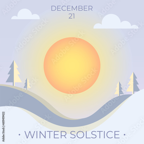 Poster with snowy landscape and text WINTER SOLSTICE 