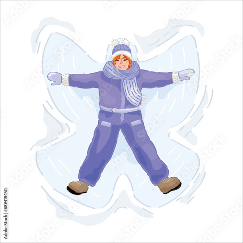 Happy girl making snow angel on winter day