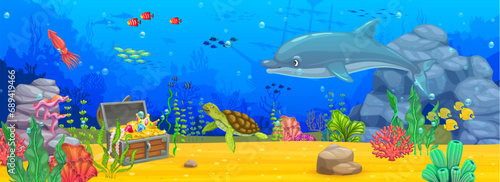 Underwater ocean landscape banner with cartoon dolphin, turtle and treasure chest, vector background. Caribbean undersea coral reef with sunken ship and sea animals, squid and seashell in underwater