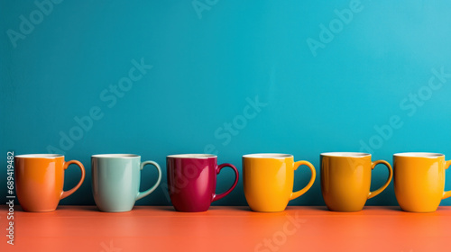 Beautiful color cups on color wall background