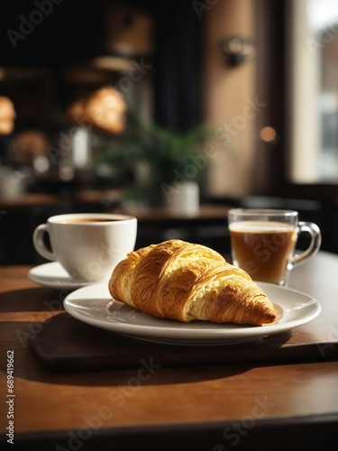 Croissant and cup of coffee on the table