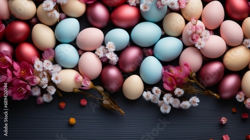 Colorful Easter eggs in a basket on a white background, top view. Black wood background.Generated AI. 