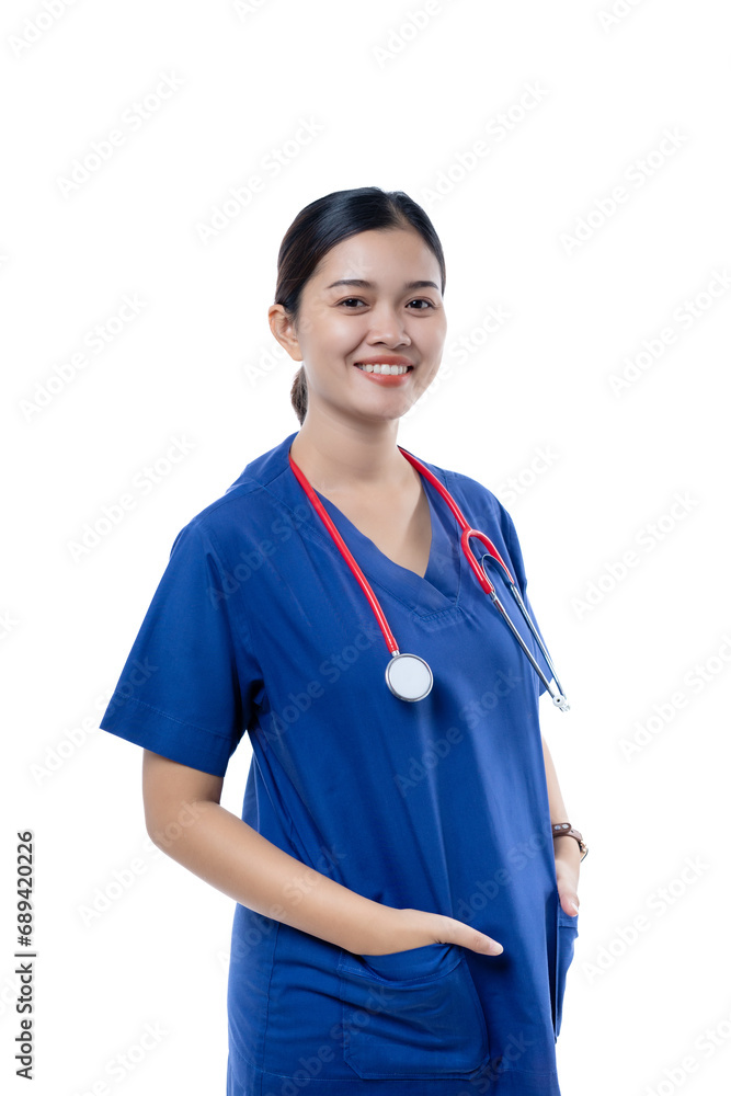 Portrait of smiling Asian young female doctor standing isolated on white background. Portrait of smiling Asian young female doctor standing isolated on white background.