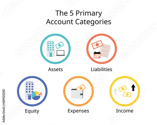The 5 primary account categories are assets, liabilities, equity, expenses, and income or revenue