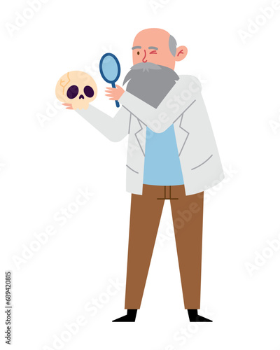 charles darwin with a loupe and skull