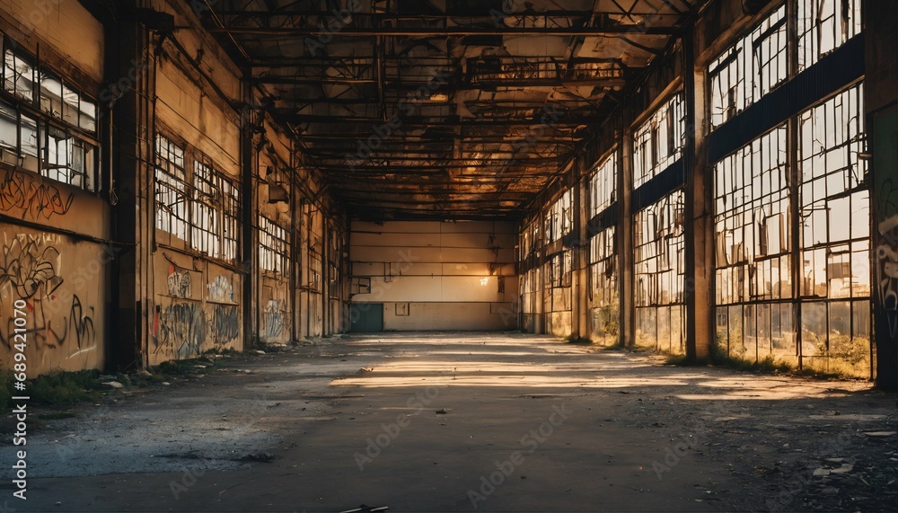 Abandoned factory during sunset - closed shutters, urban decay, graffiti walls, desolate street, warm sunlight on old industrial building