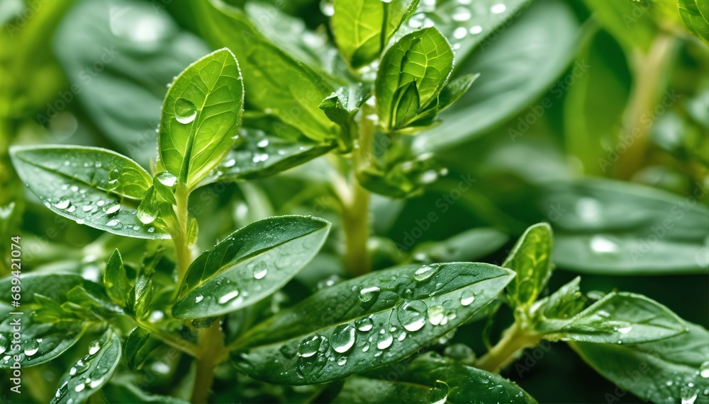 Fresh basil, oregano, rosemary with dew drops - vibrant green foliage, culinary ingredients, divided sections, macro texture, herbal garden Fresh basil, oregano, rosemary with dew drops - vibrant green foliage, culinary ingredients, divided sections, macro texture, herbal garden