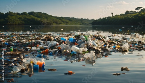 Wallpaper Mural Ocean debris and plastic waste in waterway - environmental pollution concept, floating trash, discarded bottles, ecological crisis Torontodigital.ca