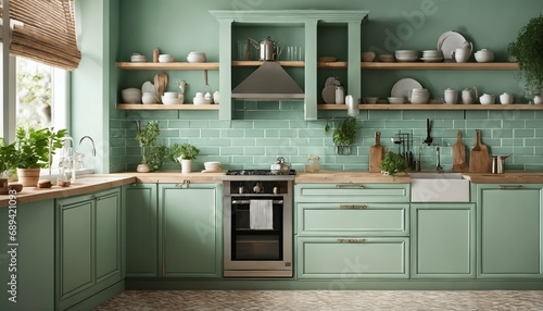 Pastel mint green interior in expansive kitchen space - chic, contemporary design photo