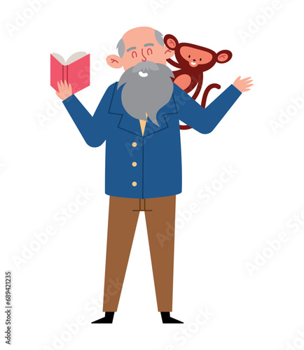 charles darwin with a book and monkey