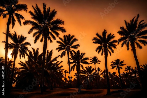 Majestic palm trees silhouetted against the warm hues of a setting sun, announcing the arrival of Ramadan. 