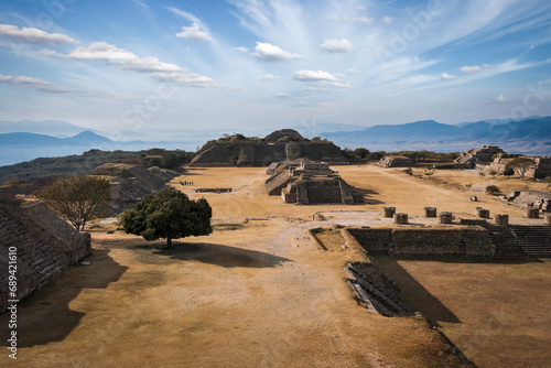 Ancient civilization ruins on plateau Monte Alban in Mexico photo