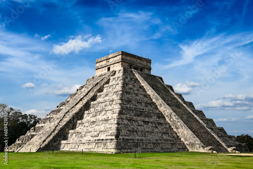 Travel Mexico background - Anicent Maya mayan pyramid El Castillo (Kukulkan) in Chichen-Itza, Mexico photo