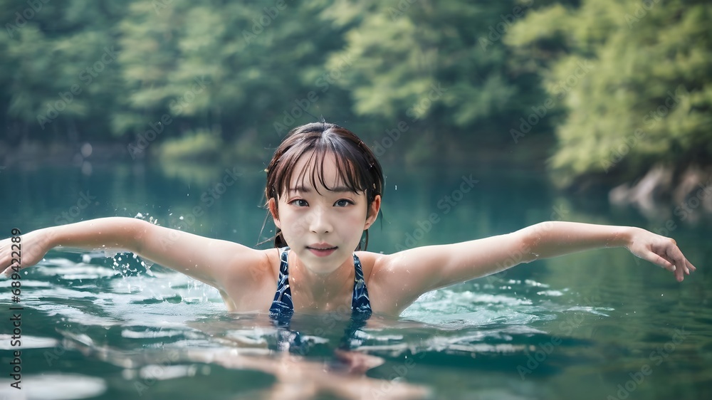 Asian Girl Swim In Lake Background