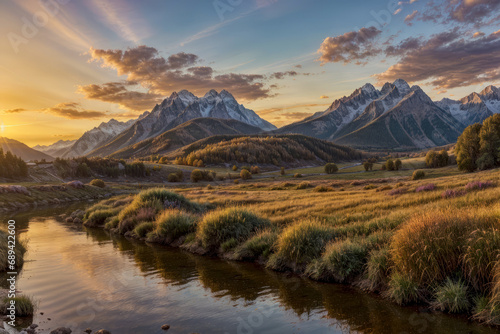 Sun setting behind a stunning mountain range, casting a soft glow on the foreground river