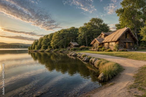 Wooden cabins by a tranquil lake surrounded by lush greenery during sunset