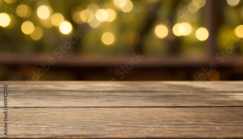 Top desktop wooden. Empty table and summer sunrise background with beautiful bokeh. 