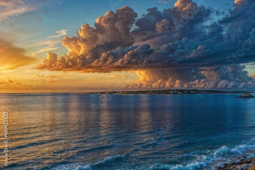 A spectacular coastal sunset featuring intense cloud formations over a serene sea