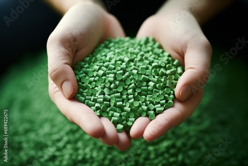 Close-up of hands holding a heap of green, eco-friendly biodegradable plastic pellets photo