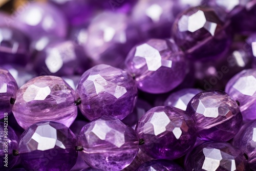 Macro shot of radiant purple amethyst beads on string forming a stylish bracelet