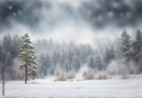 Misty winter morning in the forest with snowfall and dark sky background © sonderstock