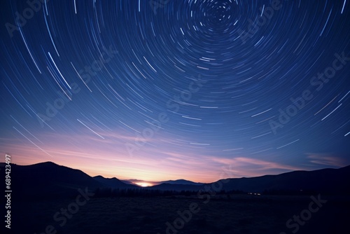 Star trails over a serene mountain landscape at twilight, the sky's motion captured in a timeless dance.