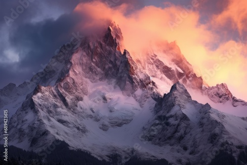 The majestic peak of a mountain bathed in the warm glow of sunset, a testament to nature's grandeur.   © Kishore Newton