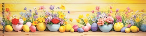 Step into a whimsical scene featuring a colorful Easter egg double border creatively arranged on a yellow wood background, capturing the festive spirit in high definition.