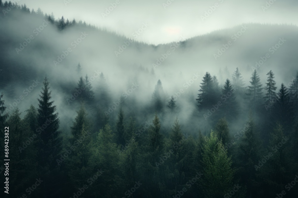 Fog rolling over a dense pine forest, creating a hauntingly beautiful natural scene.