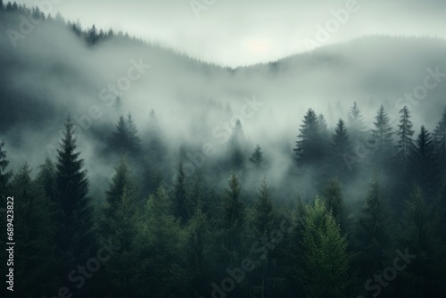 Fog rolling over a dense pine forest, creating a hauntingly beautiful natural scene. © Kishore Newton