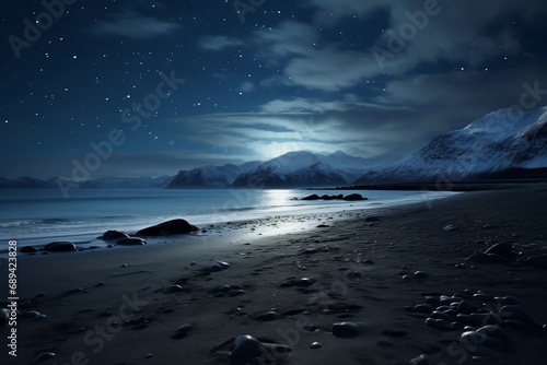 Starry night over snowy beach, a tranquil and expansive winter nightscape.