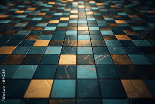 Artistic checkered pattern with reflective blue and gold tiles, a modern and abstract design.