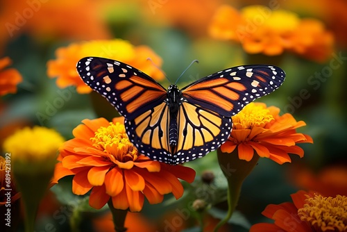 Monarch butterfly on orange marigolds, a symbol of transformation and vibrant life.