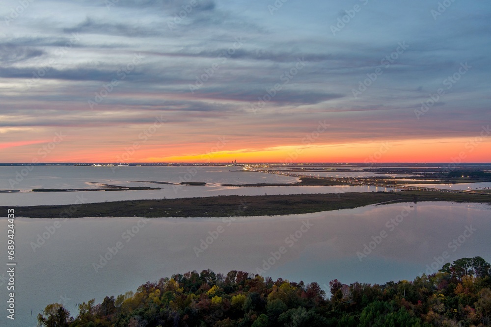 Daphne, Alabama and Mobile Bay at sunset in November