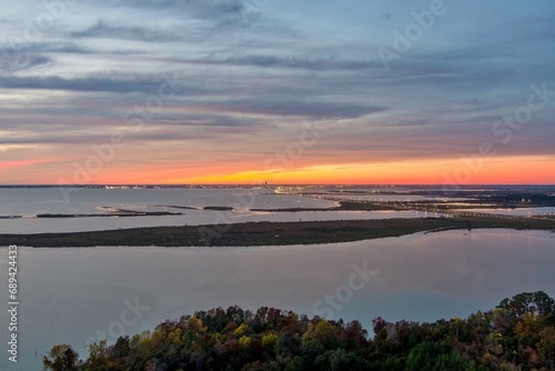 Daphne, Alabama and Mobile Bay at sunset in November