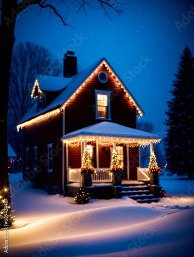 Snowy house with christmas lights