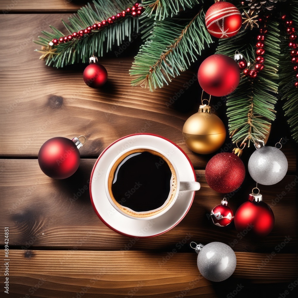 Coffee cup with Christmas ornaments and decoration on table with kitchen blurred background Coffee cup with Christmas ornaments and decoration on table with kitchen blurred background