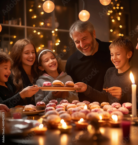 Close-up shot capturing the joyous atmosphere of a Hanukkah celebration with a plate of glistening Sufganiyot during the soft glow of evening candlelight