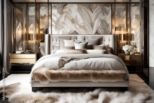 A chic bedroom with a mix of textures, from plush rugs to satin bed linens 