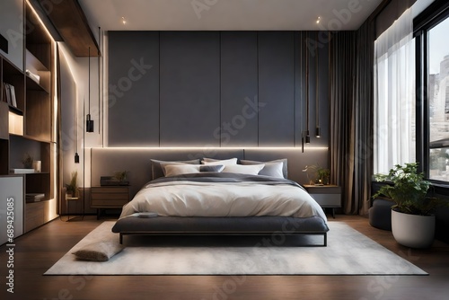  A tech-savvy bedroom with smart lighting, automated curtains, and voice control 
