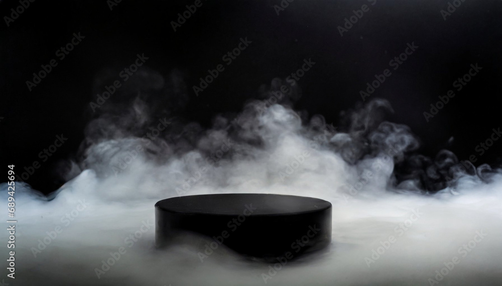 Thick white smoke floating around the black circle podium