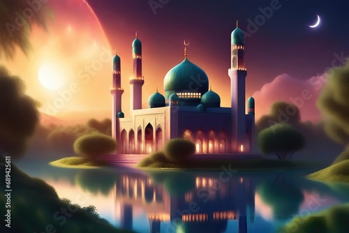 A mosque with a cinematic and dreamy ambiance. Prioritize detail, allowing it to reign supreme in this portrayal. photo