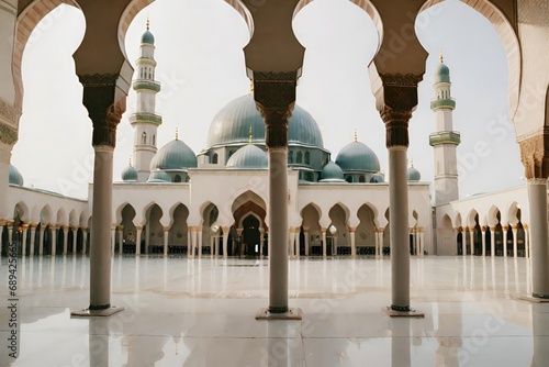 Cinematic image of a mosque courtyard during golden hour.