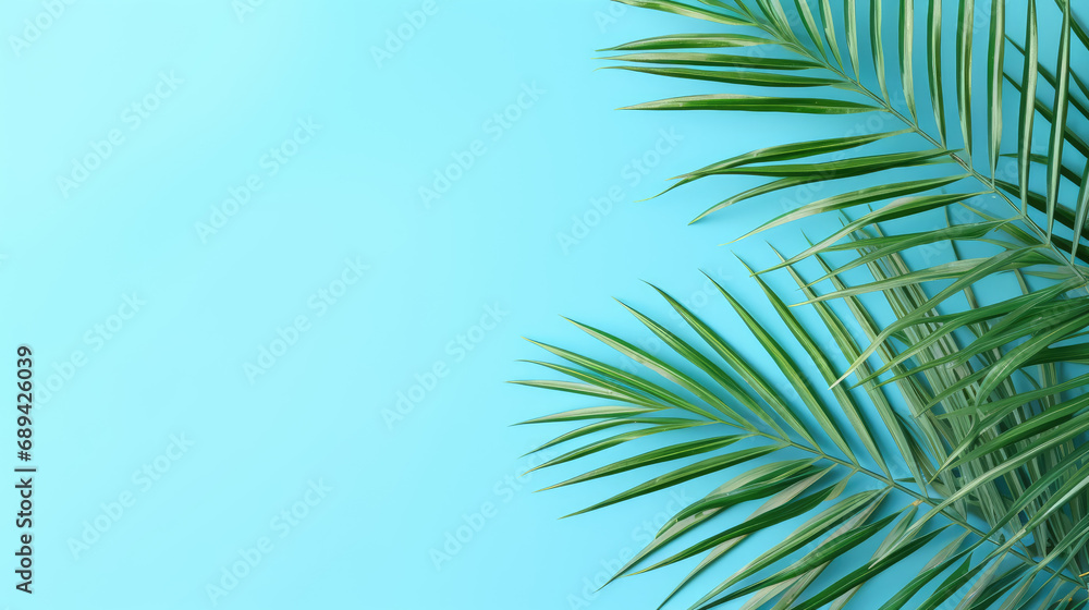 Areca Palm tropical leaves on sky blue color background minimal summer