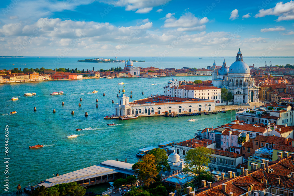 View of Venice lagoon and Santa Maria della Salute church on summer day. Venice, Italy - obrazy, fototapety, plakaty 