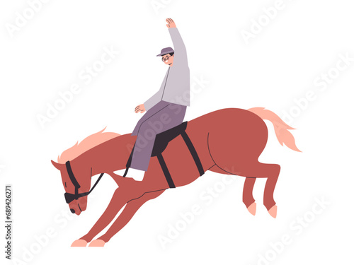 rodeo sport equestrian man ride brown color wild horse animal danger competition activity from america