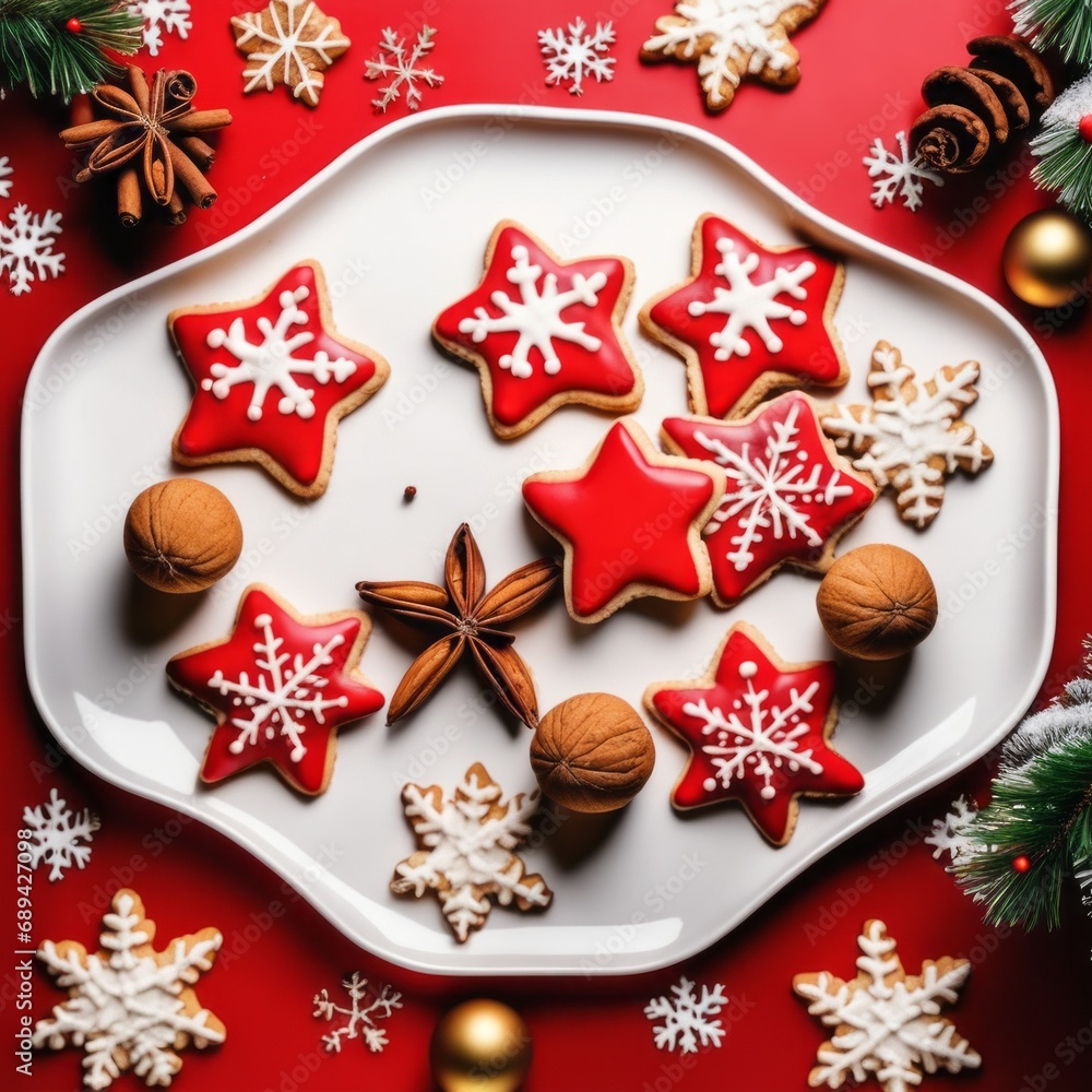 Christmas cookies in the shape of a star on a plate. Spices and walnuts are on the table.