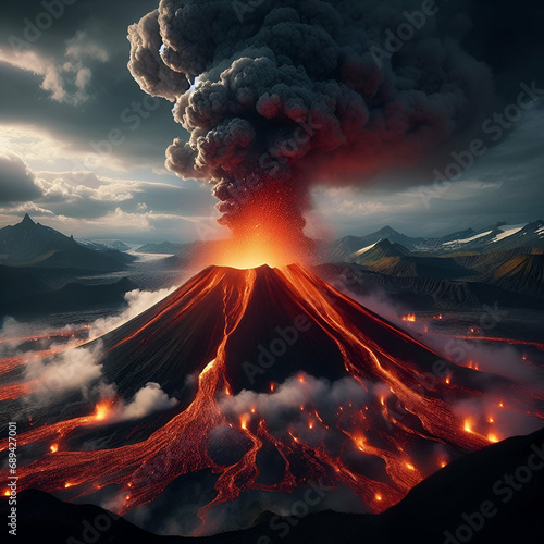Large Massive Distant Volcano Erupting with Molten Hot Lava Rock Fire Flowing Down the Side into a Gray Lavafield, Smoke Clouds Gases Vog into the Atmosphere Above and Snow Capped Mountains Background photo