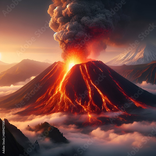 Large Massive Distant Volcano Erupting with Molten Hot Lava Rock Fire Flowing Down the Side into a Gray Lavafield, Smoke Clouds Gases Vog into the Atmosphere Above and Snow Capped Mountains Background photo